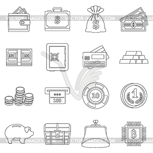 Different money icons set, outline style - vector clipart