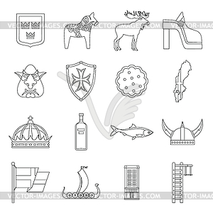 Sweden travel icons set, outline style - vector image