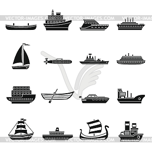 Sea transport icons set, simple style - white & black vector clipart