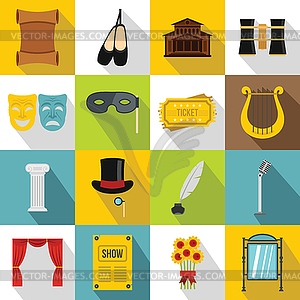 Theater icons set, flat style - vector clipart