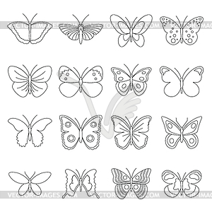 Butterfly icons set, outline style - vector clipart