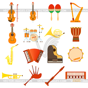 Musical instruments icons set, flat style - vector clip art