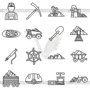Набор иконок шахтера, стиль контура - стоковое векторное изображение