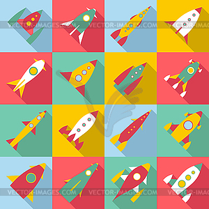 Набор иконок запуска ракеты, плоский стиль - цветной векторный клипарт