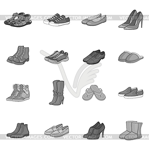 Набор иконок обуви, серый монохромный стиль - изображение векторного клипарта
