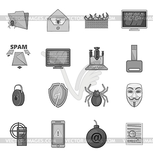 Computer security icons set, gray monochrome style - vector clip art