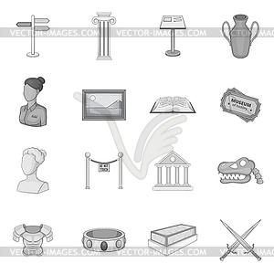 Museum icons set, gray monochrome style - vector clipart