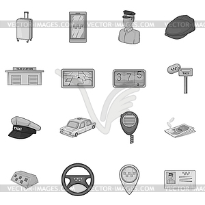 Набор иконок такси, серый монохромный стиль - стоковое векторное изображение
