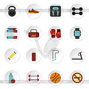 Fitness icons set, flat style - vector clipart