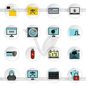 Hacking icons set, flat style - vector image