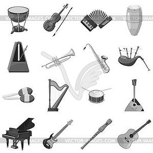 Musical instrument icons set gray monochrome style - vector clip art