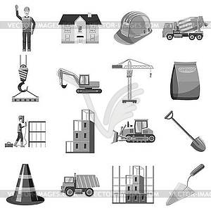 Construction icons set, gray monochrome style - vector image