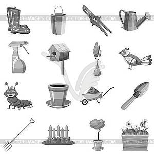 Gardening icons set, gray monochrome style - vector clipart