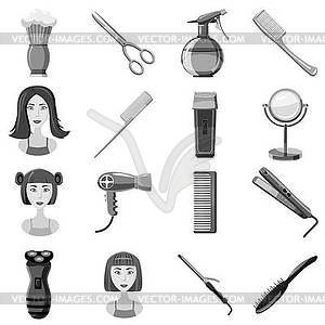 Barber icons set, gray monochrome style - vector clip art