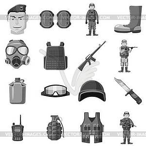 Military equipment icons set gray monochrome style - vector clipart