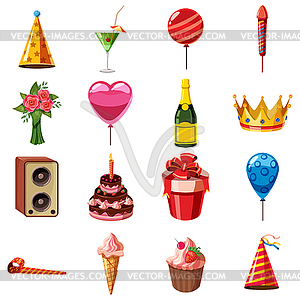 Birthday icons set, cartoon style - vector clipart