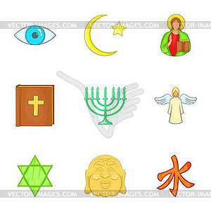 Набор иконок верований, мультяшном стиле - векторное изображение