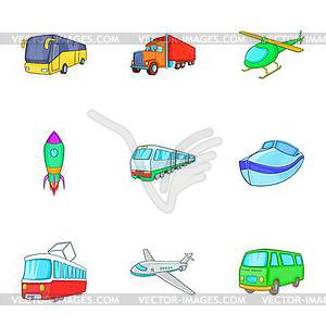 Variety of transport icons set, cartoon style - vector image