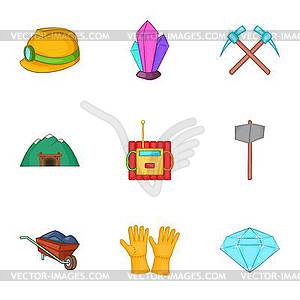 Coal mining icons set, cartoon style - vector clipart