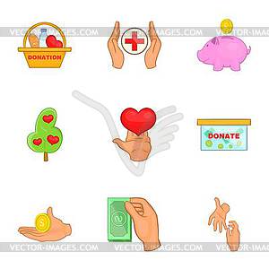 Charity icons set, cartoon style - vector clipart
