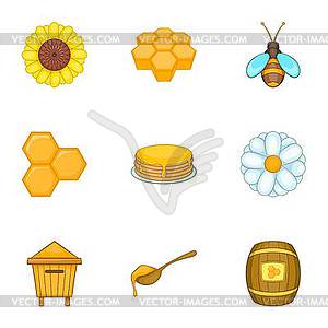 Beekeeping farm icons set, cartoon style - vector image