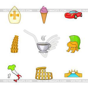 Trip to Italy icons set, cartoon style - vector clipart