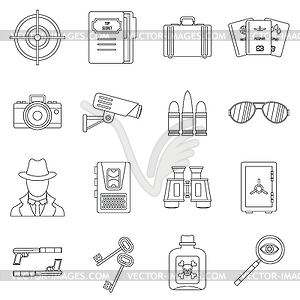 Spy tools icons set, outline style - vector clipart