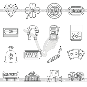 Casino icons set, outline style - vector image