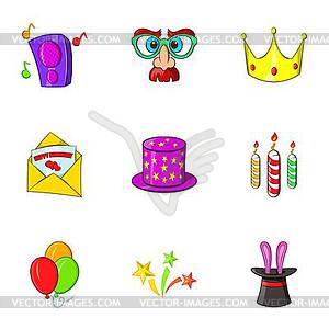 Holiday birthday icons set, cartoon style - royalty-free vector clipart