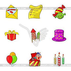 Набор иконок детский праздник, мультяшном стиле - стоковое векторное изображение