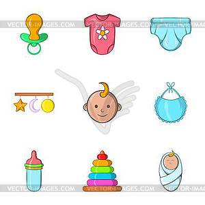 Baby supplies icons set, cartoon style - vector clip art