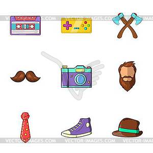 Hipster icons set, cartoon style - color vector clipart