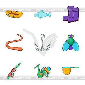 Hunting for fish icons set, cartoon style - vector clipart