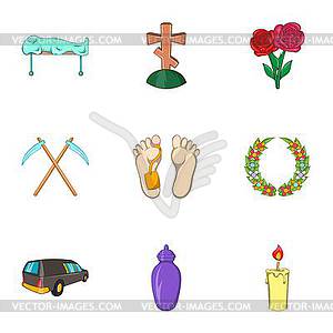 Funeral icons set, cartoon style - vector clip art