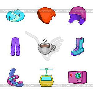 Snowboarding icons set, cartoon style - vector clip art