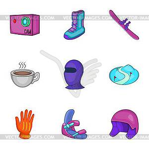 Winter skiing icons set, cartoon style - vector clipart