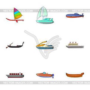 Water transport icons set, cartoon style - vector clipart