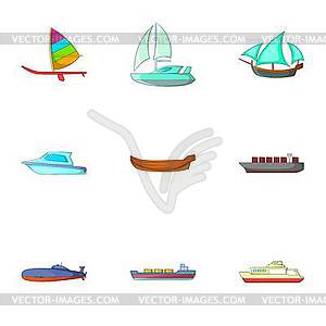 Riding on water icons set, cartoon style - vector clip art