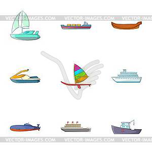 Riding in sea icons set, cartoon style - vector clipart
