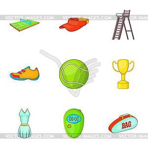 Набор иконок для тенниса, мультяшном стиле - цветной векторный клипарт