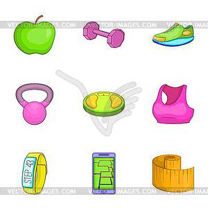 Fitness icons set, cartoon style - vector clipart