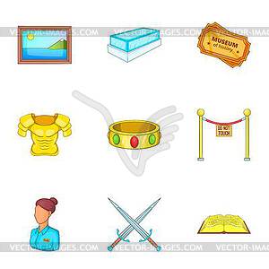 Stay in museum icons set, cartoon style - vector clip art