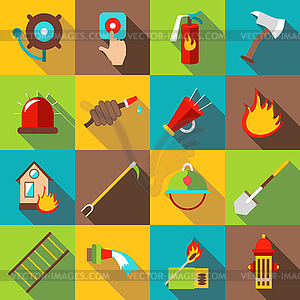 Fire fighting icons set, flat style - vector clip art