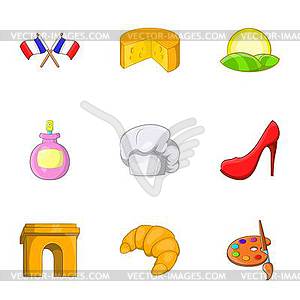 Stay in France icons set, cartoon style - vector clipart