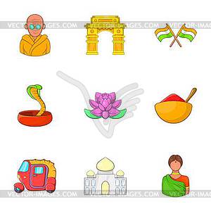 Stay in India icons set, cartoon style - vector clipart