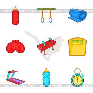 Classes in fitness room icons set, cartoon style - vector image