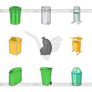 Garbage icons set, cartoon style - vector image
