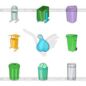 Garbage storage icons set, cartoon style - vector clipart