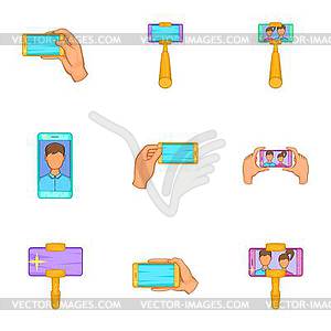 Shooting on cell phone icons set, cartoon style - vector image