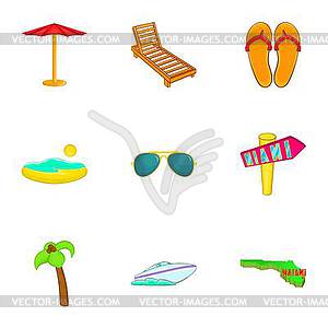 Stay in Miami icons set, cartoon style - vector image